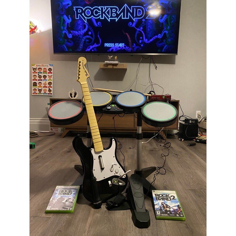 Xbox 360 Rock Band 1 & 2 band bundle Guitar Drums Mic Game Bundle Complete